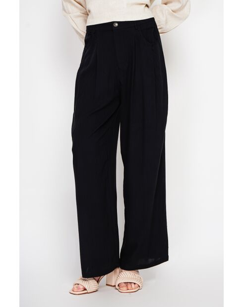 Danielle zwarte broek met wijde pijpen en linnenmix