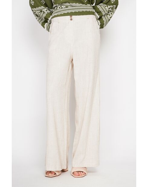 Michèle beigefarbene, locker sitzende Leinenhose mit elastischem Bund