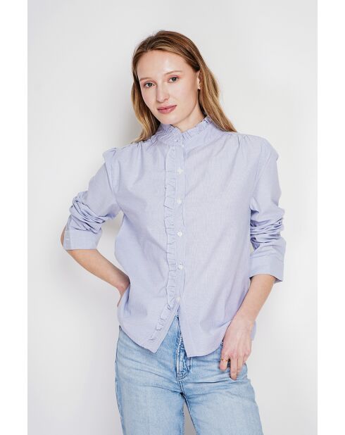 Claudette marineblaues gestreiftes Hemd aus Leinenmischung mit hohem Kragen