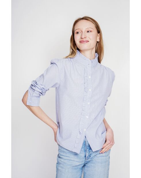 Claudette marineblaues gestreiftes Hemd aus Leinenmischung mit hohem Kragen