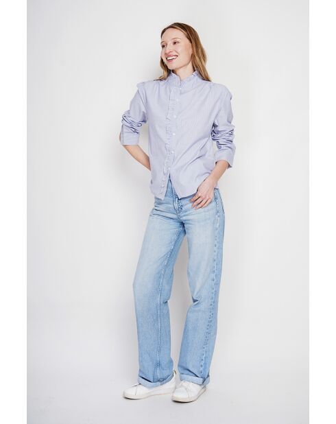 Claudette marineblaues gestreiftes Hemd aus Leinenmischung mit hohem Kragen