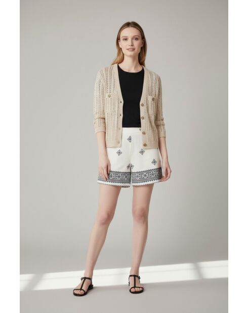 Beigefarbene, durchbrochene Weste mit Rundhalsausschnitt und Lochmuster