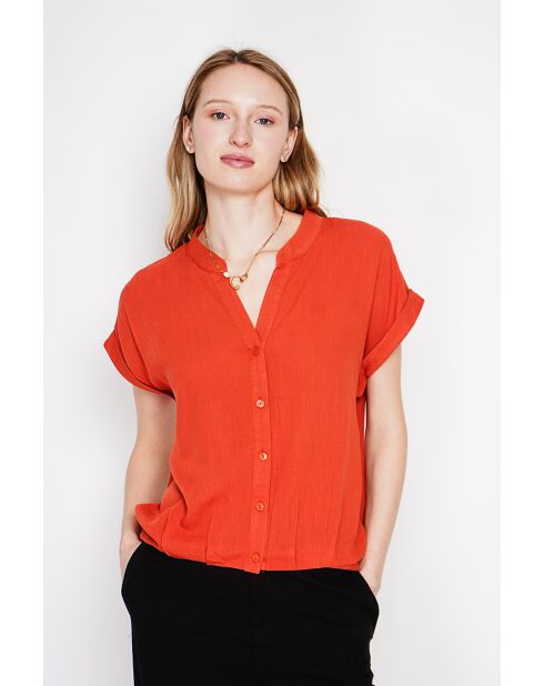 Josée orangefarbenes Hemd mit tunesischem Kragen aus Leinenmischung