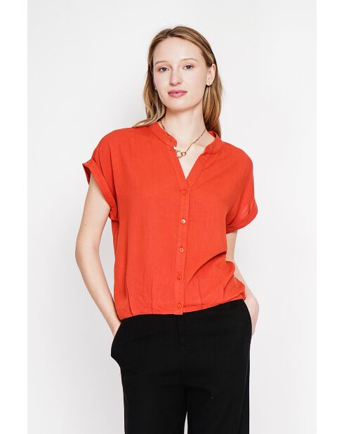 Josée orangefarbenes Hemd mit tunesischem Kragen aus Leinenmischung