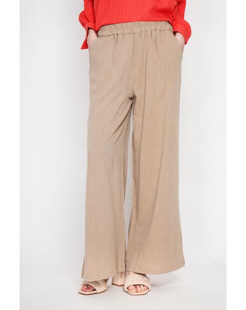 Camelkleurige broek van linnenmix met hoge taille en wijde pijpen van Raymonde