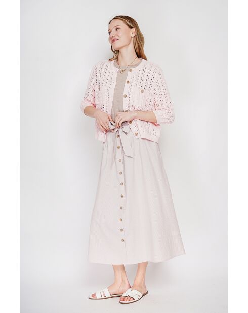 Jacqueline helderroze opengewerkte vest met ronde hals en opengewerkte ronde hals