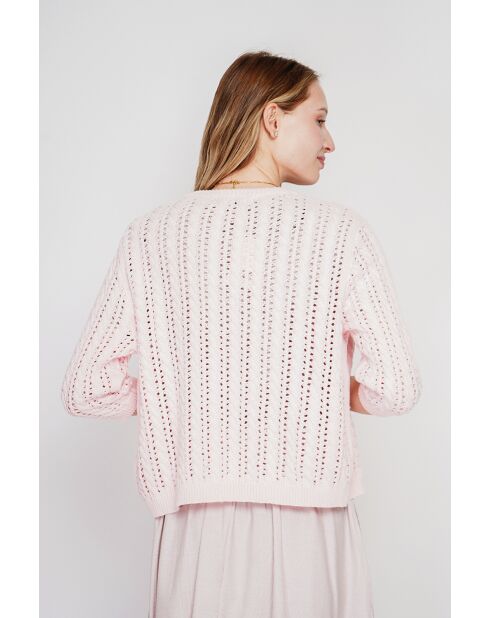 Jacqueline helderroze opengewerkte vest met ronde hals en opengewerkte ronde hals