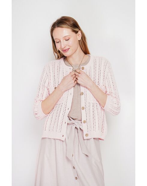 Jacqueline helderroze opengewerkte vest met ronde hals en opengewerkte ronde hals