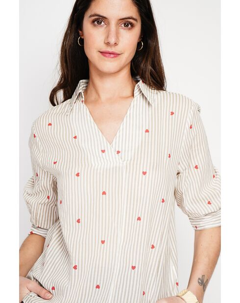 Beigefarbene gestreifte Bluse aus Leinenmischung mit Hemdkragen