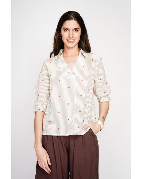 Beigefarbene gestreifte Bluse aus Leinenmischung mit Hemdkragen