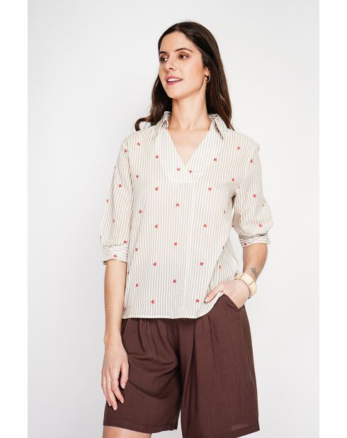 Beigefarbene gestreifte Bluse aus Leinenmischung mit Hemdkragen