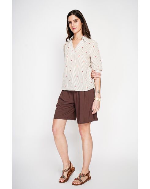 Beigefarbene gestreifte Bluse aus Leinenmischung mit Hemdkragen