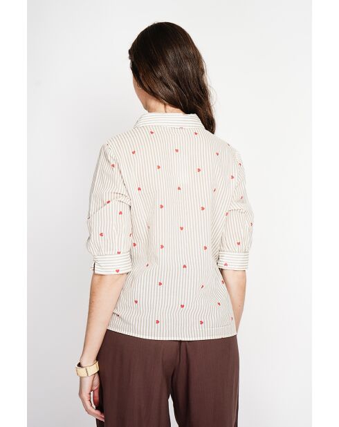 Beigefarbene gestreifte Bluse aus Leinenmischung mit Hemdkragen