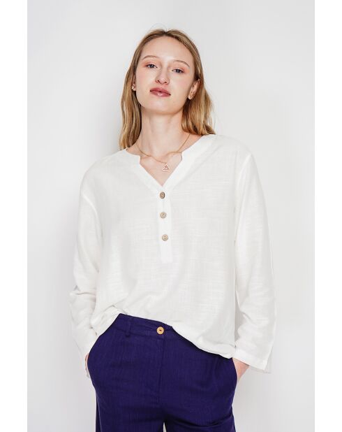 Tunique col tunisien en lin mélangé Paulette blanche
