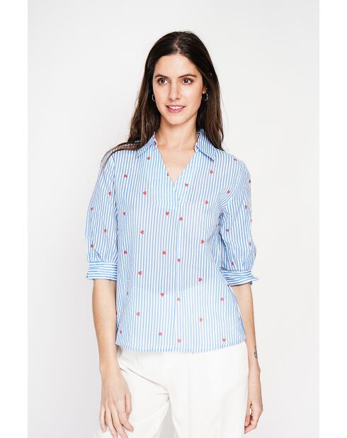 Germaine Azur Blouse met gestreepte overhemdkraag van linnenmix