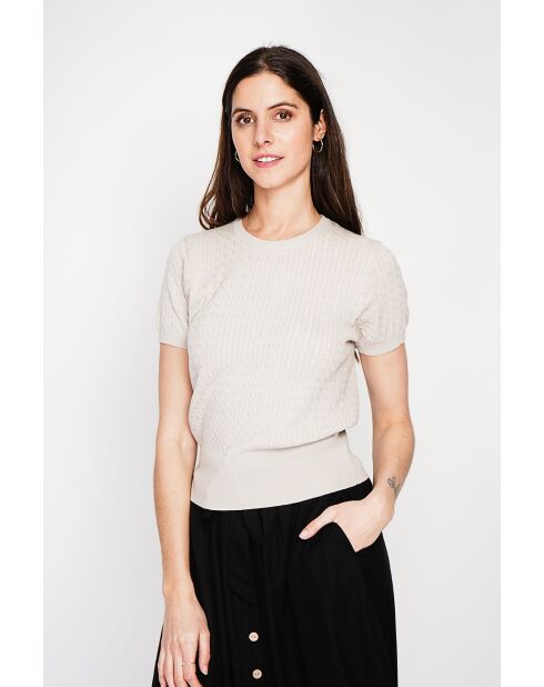 Valérie beiger Rundhalspullover aus Leinenmischung mit Zopfmuster