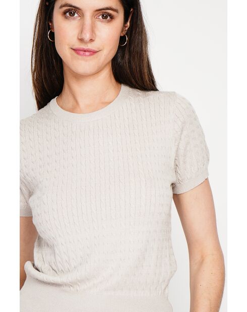 Valérie beiger Rundhalspullover aus Leinenmischung mit Zopfmuster