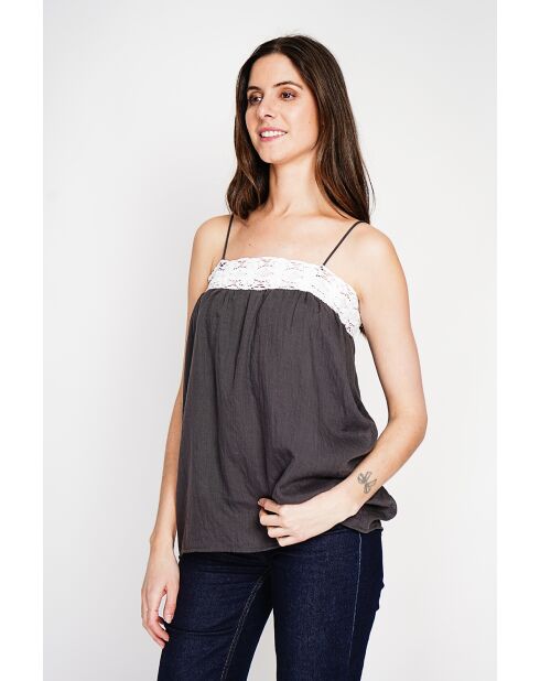 Bernadine schwarzer Hosenträger aus Leinen mit Spitze