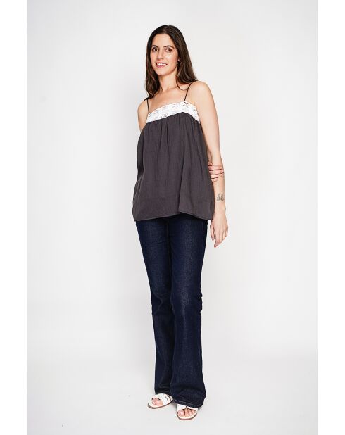 Bernadine schwarzer Hosenträger aus Leinen mit Spitze