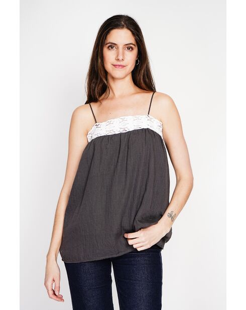 Bernadine schwarzer Hosenträger aus Leinen mit Spitze