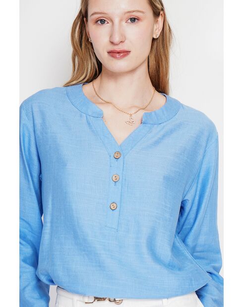 Tunique col tunisien en lin mélangé Paulette azur