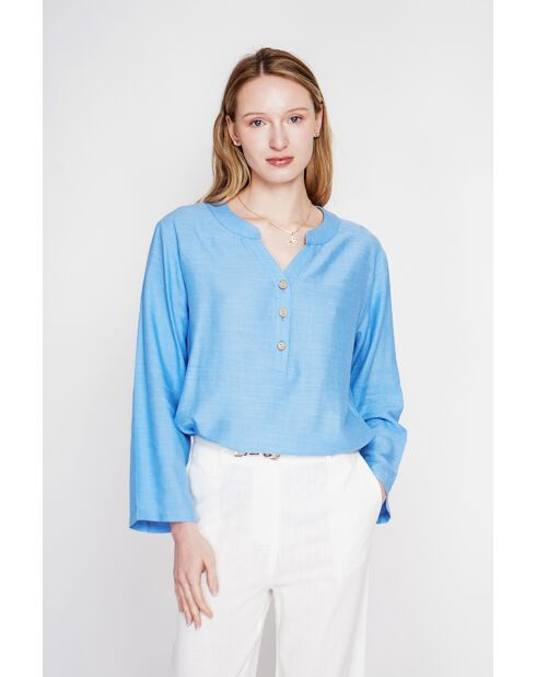 Tunique col tunisien en lin mélangé Paulette azur