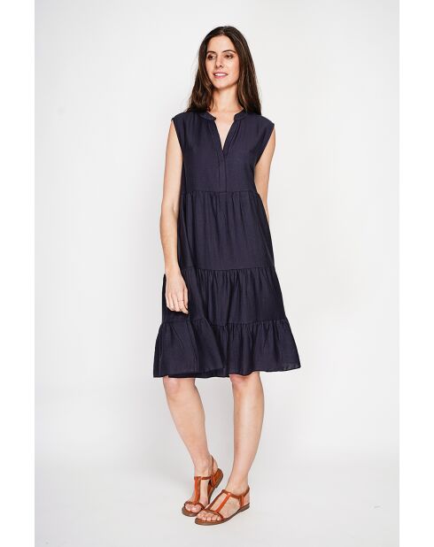 Henriette marinebraues Kleid aus Leinenmischung mit tunesischem Kragen