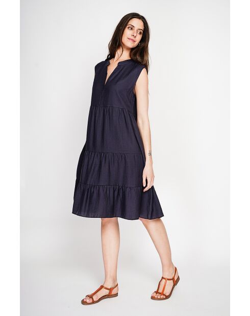 Henriette marinebraues Kleid aus Leinenmischung mit tunesischem Kragen