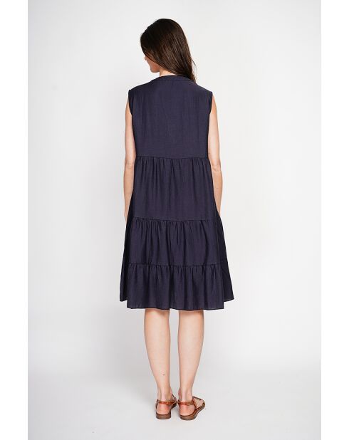 Henriette marinebraues Kleid aus Leinenmischung mit tunesischem Kragen