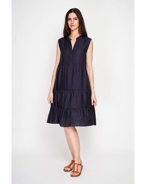 Henriette marinebraues Kleid aus Leinenmischung mit tunesischem Kragen
