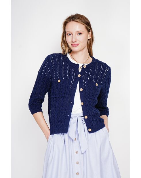 Jacqueline Marine opengewerkte vest met ronde hals en ronde hals