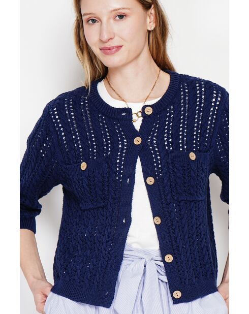 Jacqueline Marine opengewerkte vest met ronde hals en ronde hals