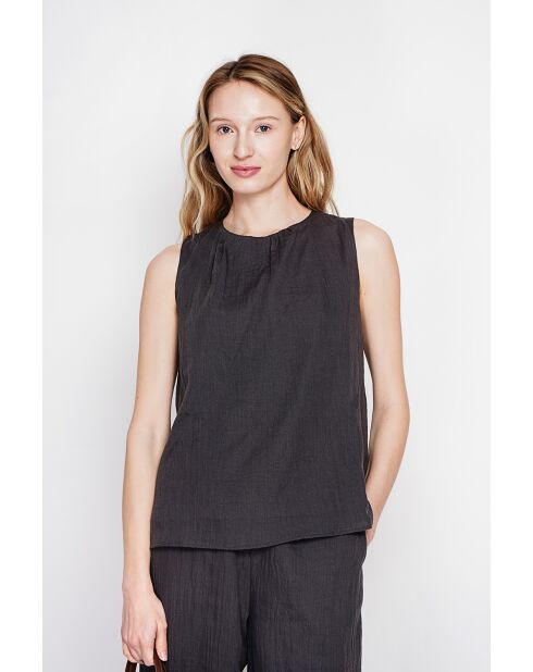 Sandrine schwarzes Leinenoberteil S und M mit Rundhalsausschnitt