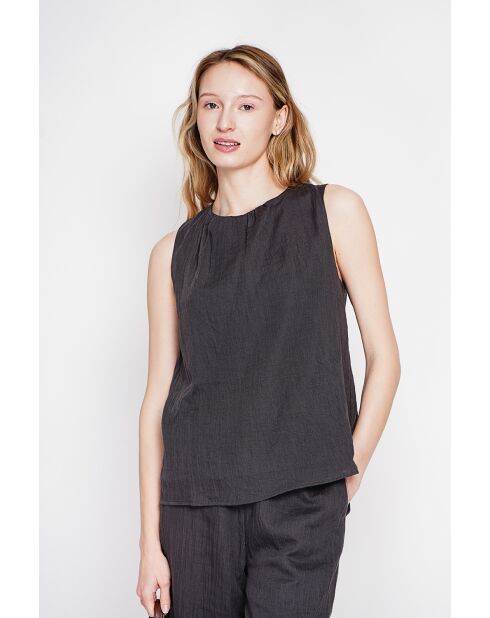 Sandrine schwarzes Leinenoberteil S und M mit Rundhalsausschnitt