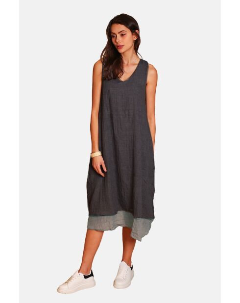 Zwart-witte linnen vrijetijdsjurken met v-hals