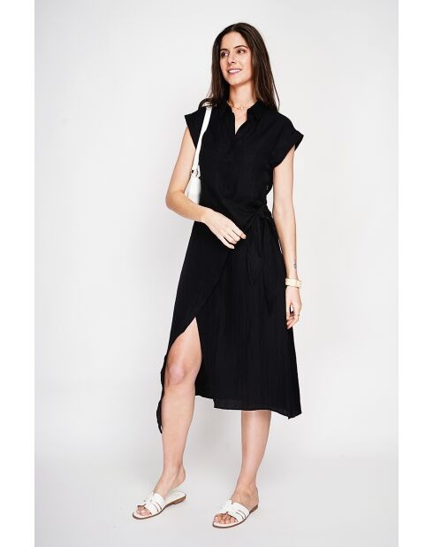 Colette schwarzes langes Kleid aus Leinenmischung mit Hemdkragen