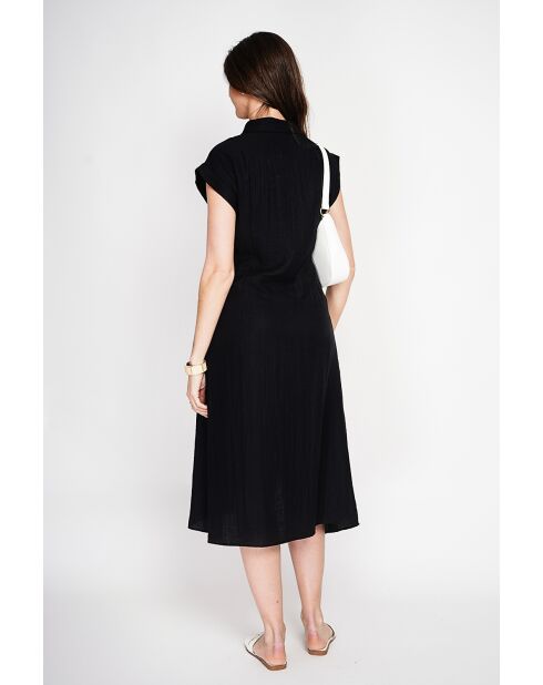 Colette schwarzes langes Kleid aus Leinenmischung mit Hemdkragen