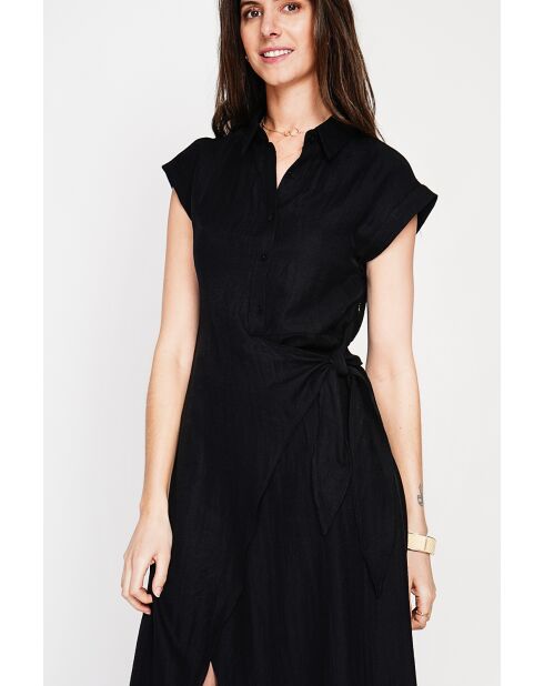 Colette schwarzes langes Kleid aus Leinenmischung mit Hemdkragen