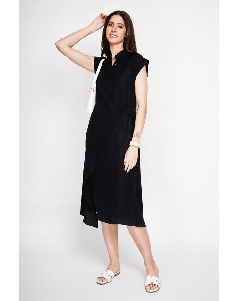 Colette schwarzes langes Kleid aus Leinenmischung mit Hemdkragen