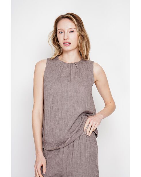 Sandrine Cacao Leinen-Top S und M mit Rundhalsausschnitt