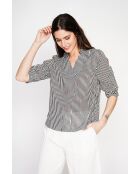 Germaine zwarte blouse van linnenmix met gestreepte overhemdkraag