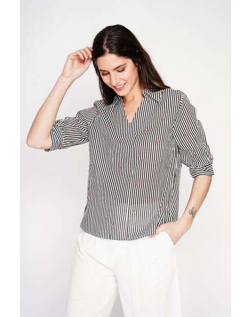 Germaine zwarte blouse van linnenmix met gestreepte overhemdkraag