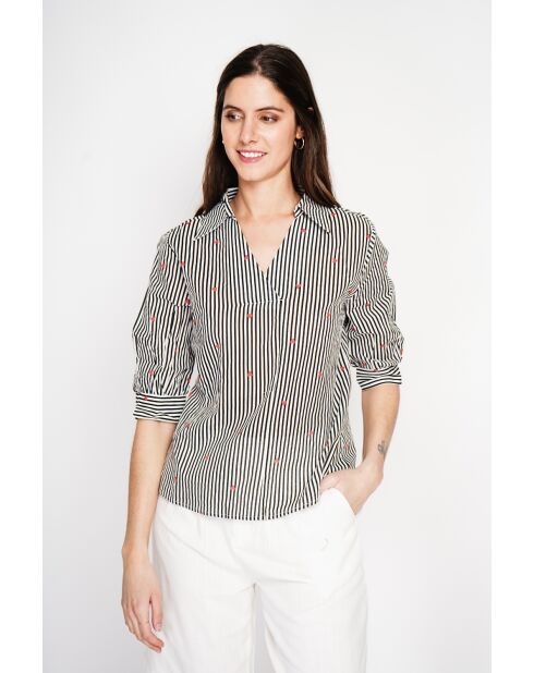 Germaine zwarte blouse van linnenmix met gestreepte overhemdkraag