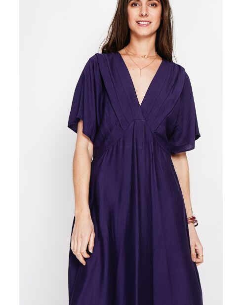 Antoinette marineblau langes Kleid aus Leinenmischung mit V-Ausschnitt
