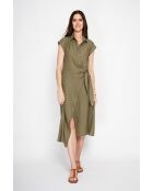 Colette khakifarbenes langes Kleid aus Leinenmischung mit Hemdkragen