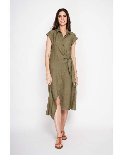 Colette khakifarbenes langes Kleid aus Leinenmischung mit Hemdkragen