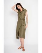 Colette khakifarbenes langes Kleid aus Leinenmischung mit Hemdkragen