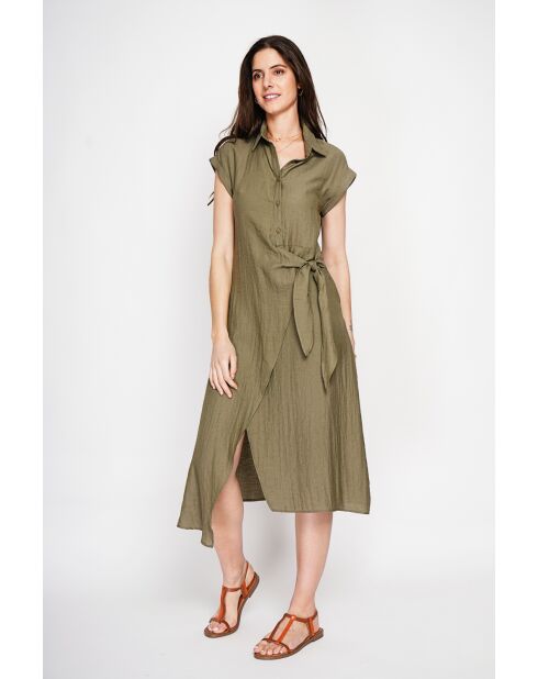 Colette khakifarbenes langes Kleid aus Leinenmischung mit Hemdkragen