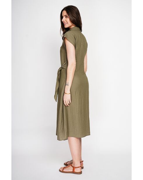 Colette khakifarbenes langes Kleid aus Leinenmischung mit Hemdkragen