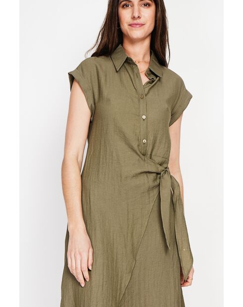 Colette khakifarbenes langes Kleid aus Leinenmischung mit Hemdkragen